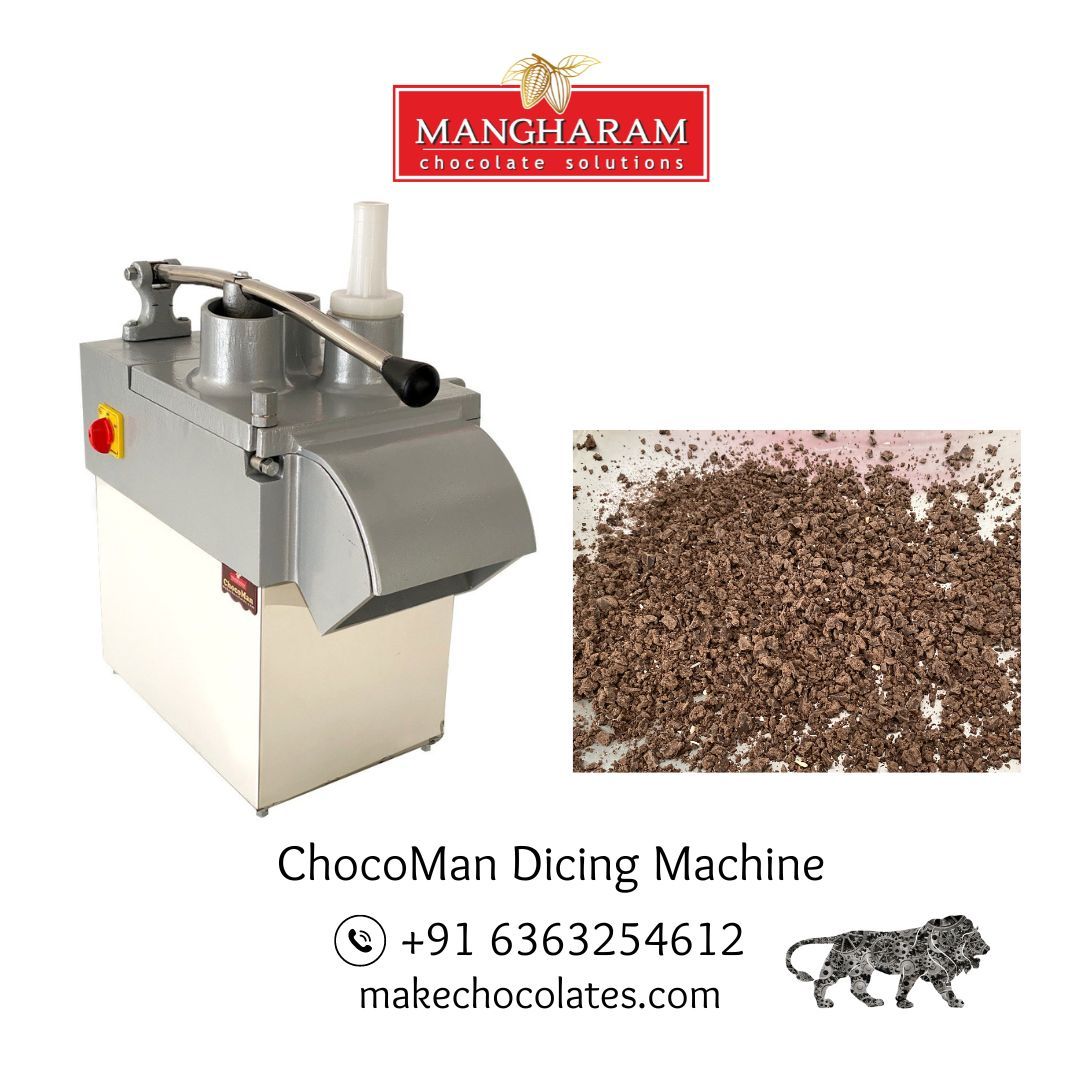 ChocoMan Chocolate Cutting / Dicing Machine with a close-up of diced chocolate, along with contact information for MakeChocolates.com.