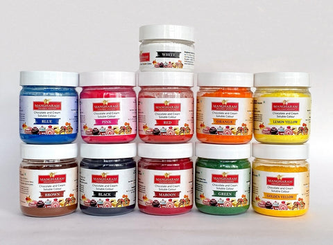 Mangharam Chocolate & Cream Soluble Colours - Set of 11 different colours of 25g each