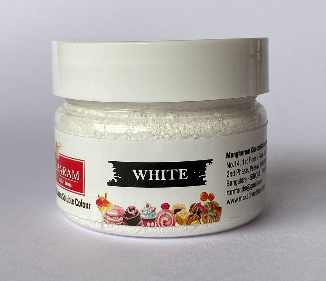 Mangharam Chocolate Colour WHITE - 25 gms Jar - Mangharam Chocolate Solutions