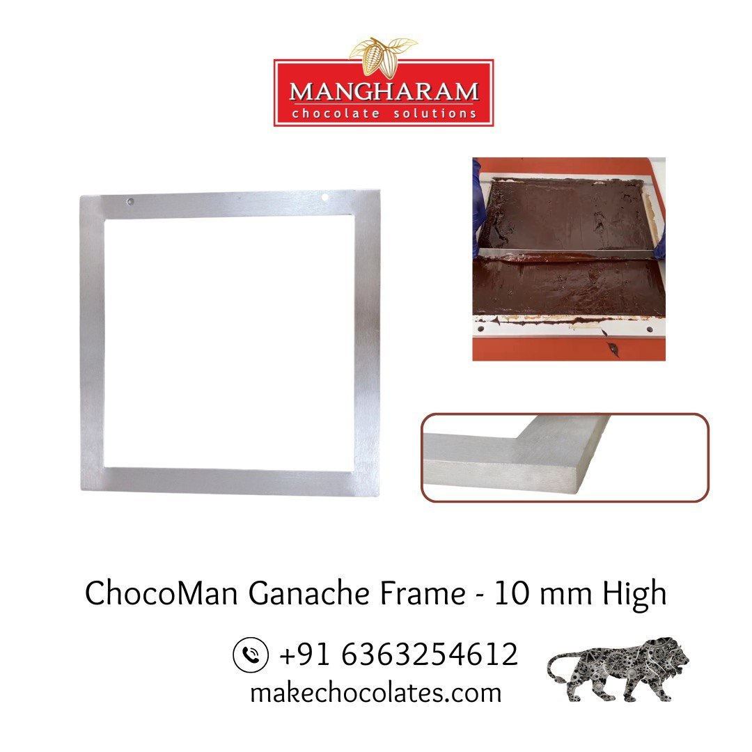 A silver-colored aluminum ganache frame with a 10 mm thickness, along with images showing the frame being used for chocolate cutting, and contact information for the manufacturer, Mangharam.
