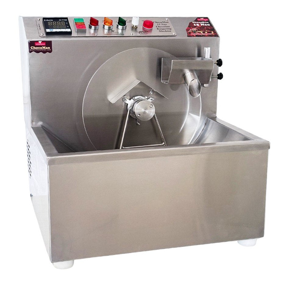 ChocoMan Tempering Machine 15 Neo from Mangharam for tempering chocolate with Night Heat Mode that saves melting time , lower arm that facilitates faster melting and seed control for variable flow of chocolate