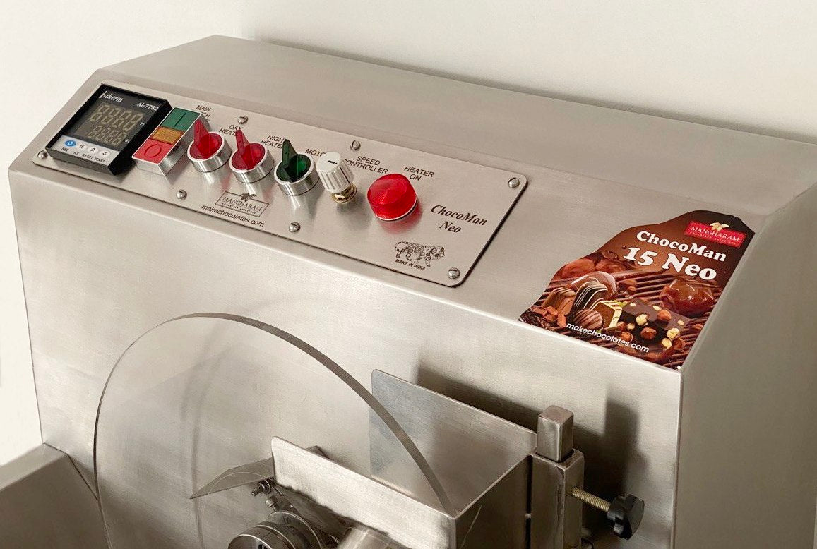 ChocoMan 15 Neo Panel Board showing Automatic temperature controller, Day and Night Heater switches, Motor  Switch, and Speed Control