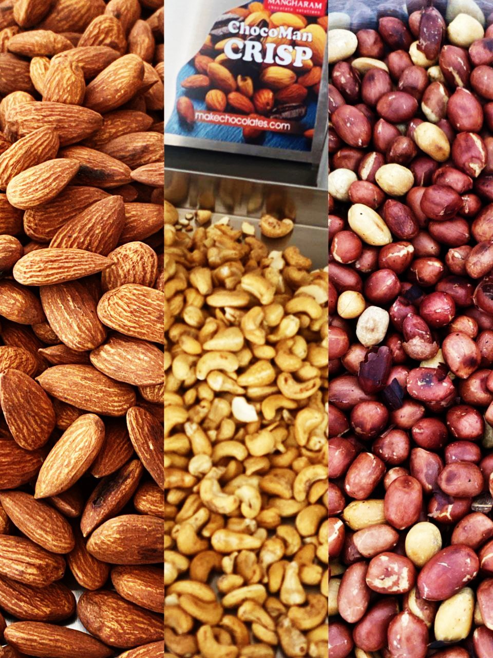 Attractive picture of nroasted almonds, cashews and peanuts against the backdrop of Chocoman Crisp roasting machine from Mangharam