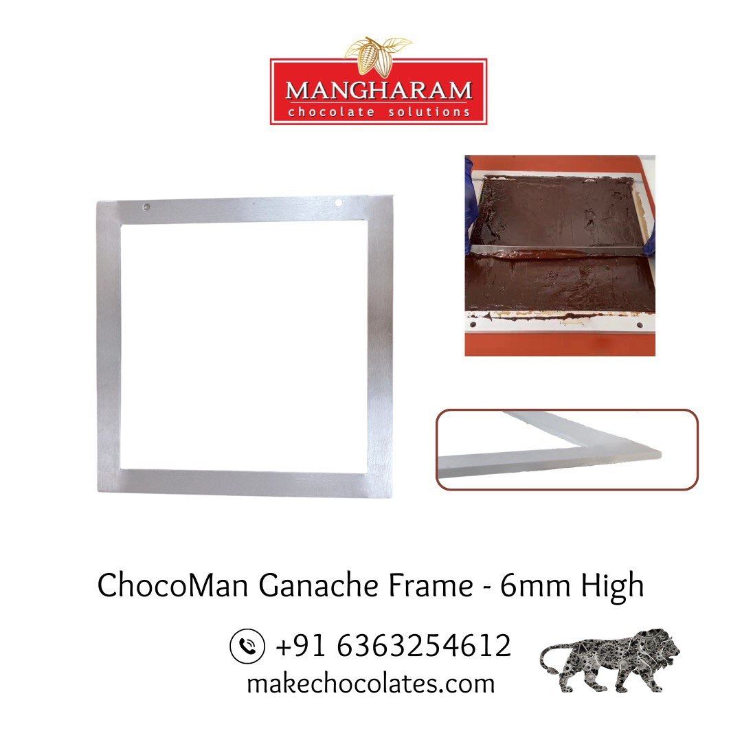 A silver-colored aluminum ganache frame alongside images demonstrating its use in creating uniform thickness in confections, manufactured by Mangharam.