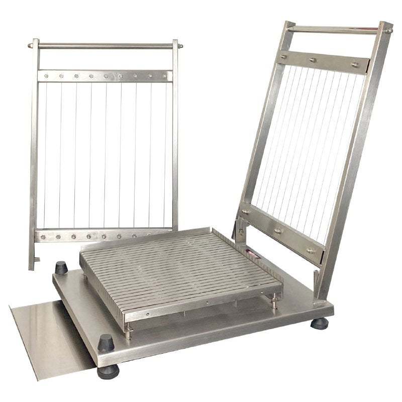 Precision Single side Guitar Cutter  with 2 frames, 25 mm and 37.5 mm for soft confections like ganache, etc, for even squares and rectangles manufactured by Mangharam on a white background