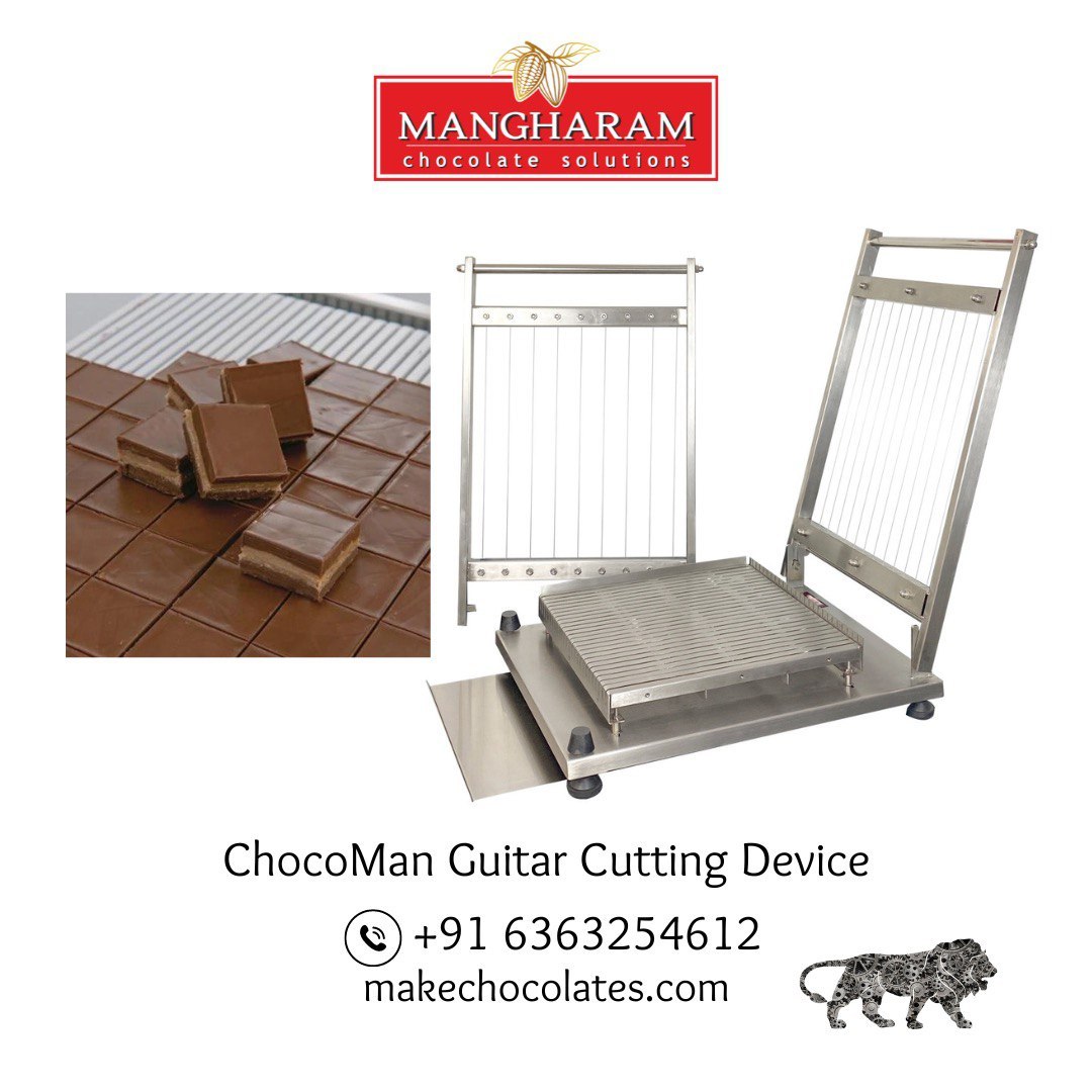Precision Guitar Cutter with 2 frames, 25 mm and 37.5 mm for soft confections like ganache, pate de fruit, brownies, marzipan, kaju katli, mittai, etc, for even squares and rectangles. Manufactured by Mangharam  in India