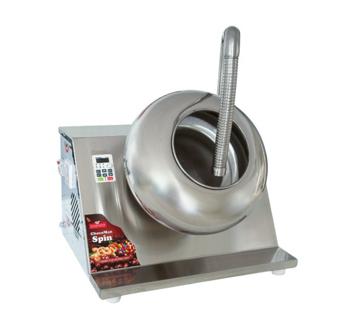 Mangharam's ChocoMan Spin Coating Machine for chocolate coating and panning of nuts, seeds, dates, crispies, butter scotch, marshmallow, and more