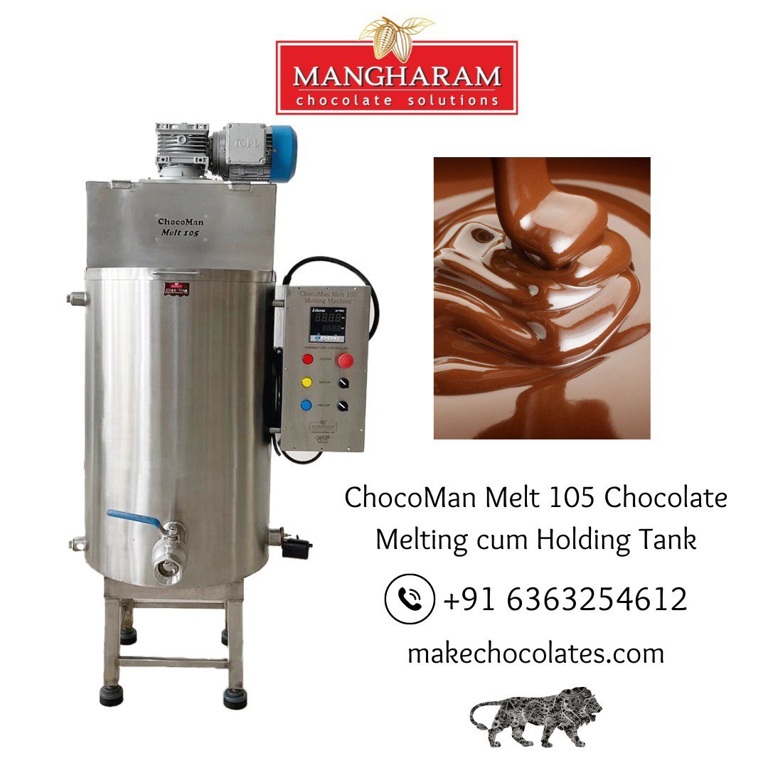 Chocolate melting machine with a stainless steel body, control panel, and agitator arms, alongside a picture of melted chocolate, manufactured by Mangharam.