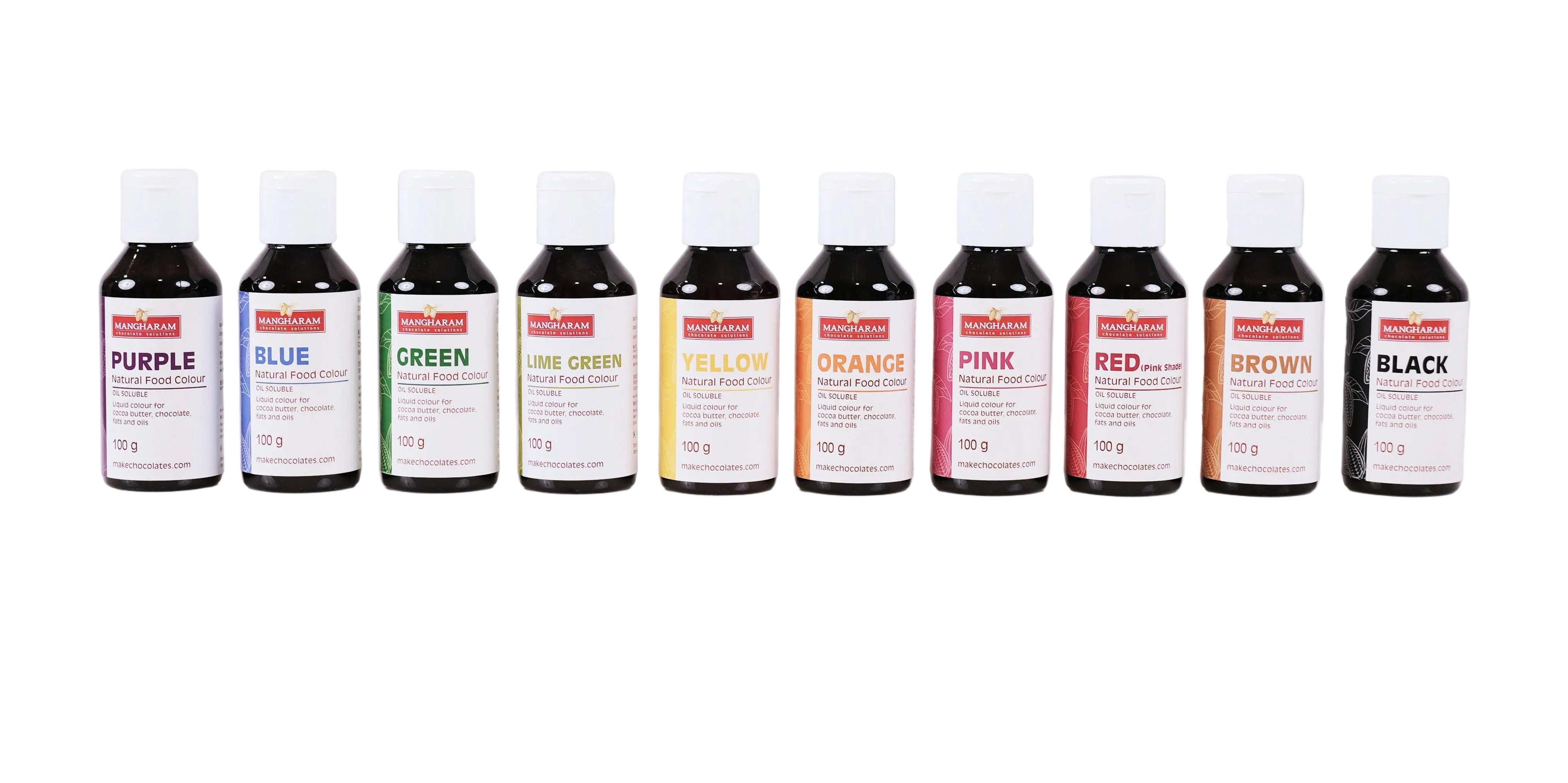 Natural Food Oil Soluble Colour for Chocolate and Cocoa Butter 100g Bottle - Set of 10 Colours