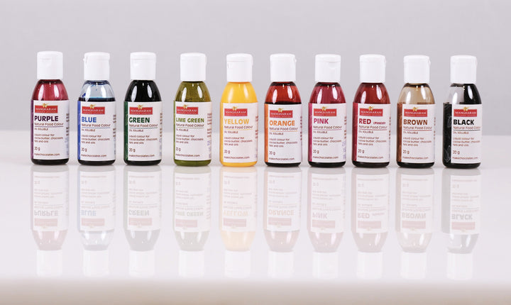 Natural Food Oil Soluble Colour for Chocolate and Cocoa Butter 20g Bottle - Set of 10 Colours - Mangharam Chocolate Solutions