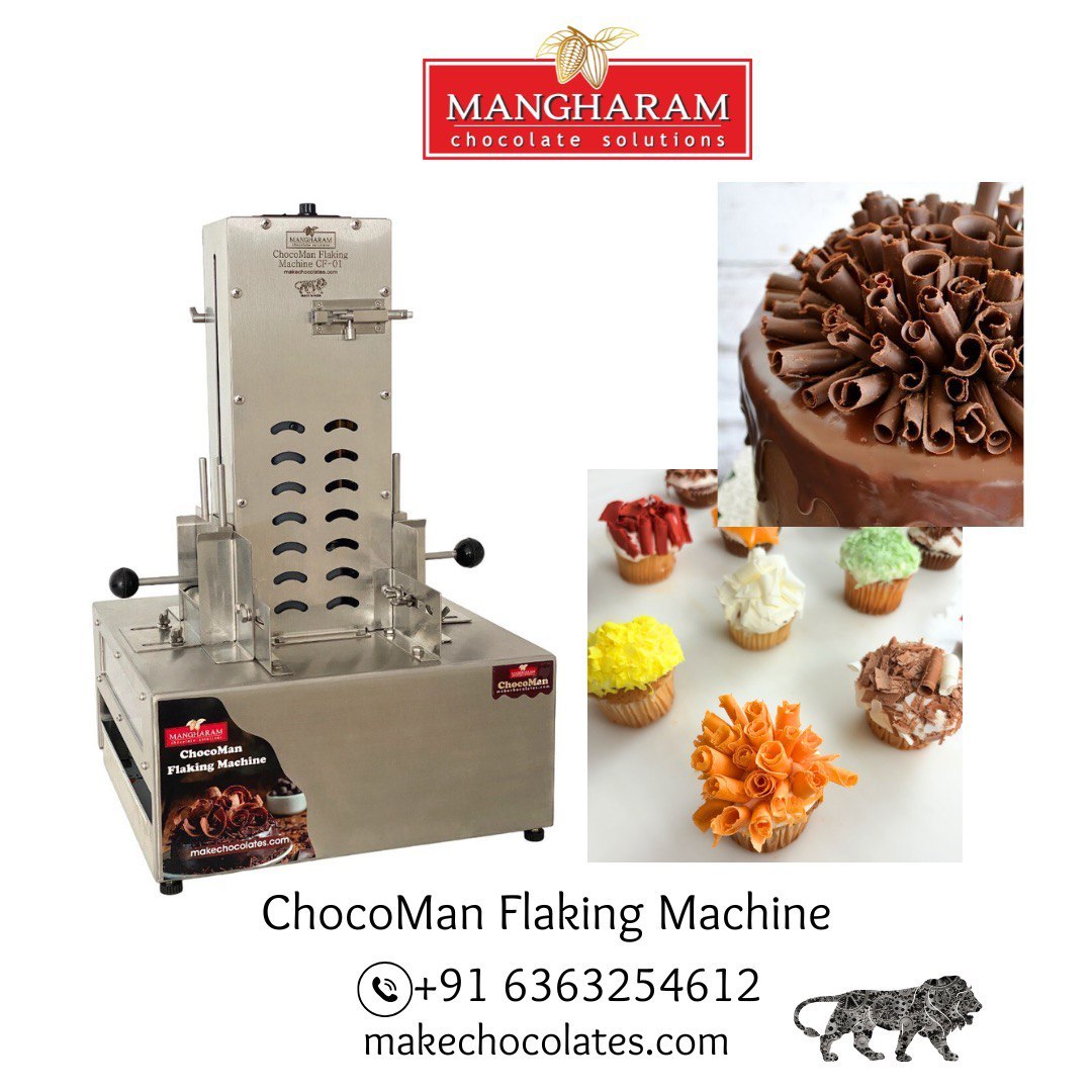 A professional chocolate flaking machine with images of chocolate flakes and curls produced with it, along with the company's contact information, is manufactured by Mangharam.