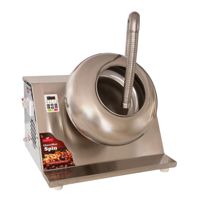 ChocoMan Spin 5kg batch coating and panning machine from Mangharam for coating nuts, like almonds, cashews, hazelnuts, peanuts,dried fruit, seeds, dates,popcorn,marshmallow, etc with chocolate or spices