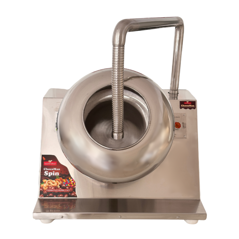 ChocoMan Spin 5kg batch coating and panning machine from Mangharam for coating nuts, like almonds, cashews, hazelnuts, dried fruit, seeds, dates, etc with chocolate or spices