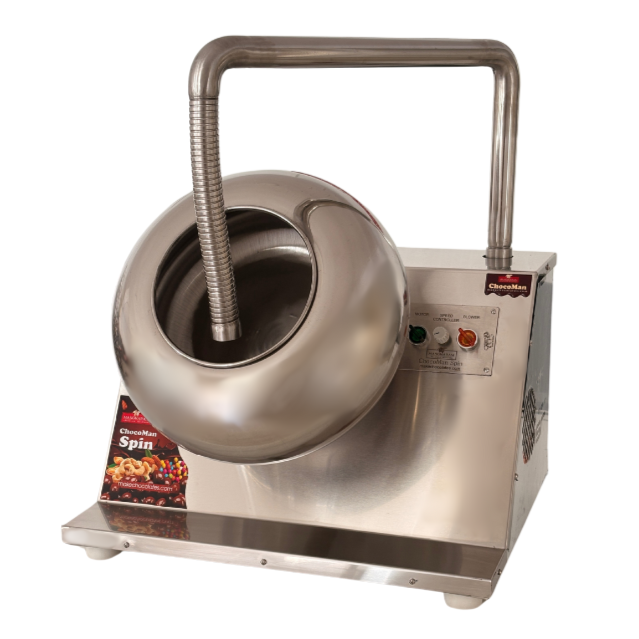 ChocoMan Spin 5kg batch coating and panning table top , noiseless machine from Mangharam for coating nuts, like almonds, cashews, hazelnuts, dried fruit, seeds, dates, etc, with chocolate or spices