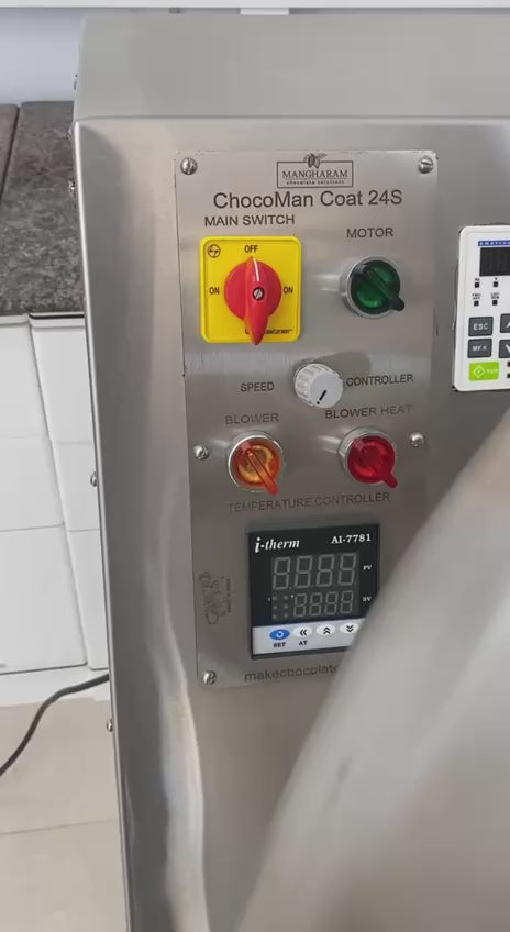 ChocoMan Coat 24S machine for panning and coating nuts like almonds, cashews, seeds, marshmallow, dates, crispies, butterscotch, popcorn and more with chocolate or spices , manufactured by Mangharam