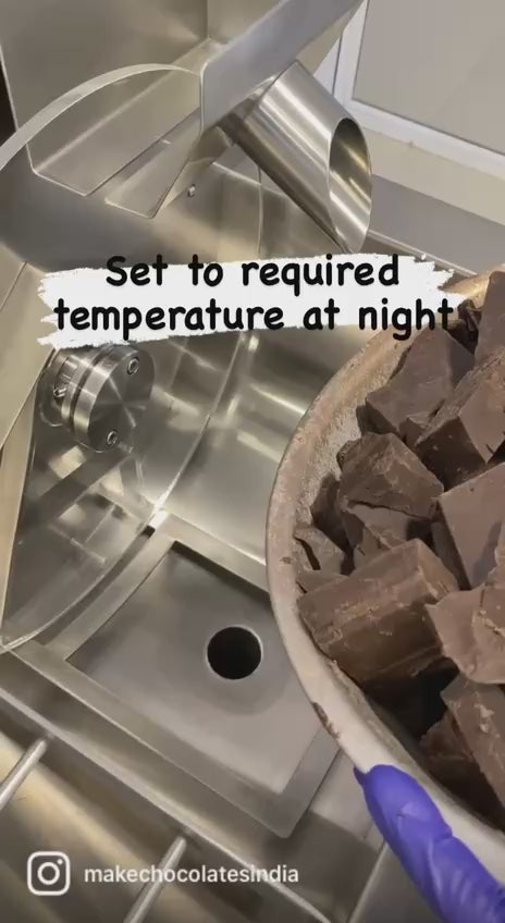 Video showcasing ChocoMan 30 tempering Machine Night Heat Mode facilitating time saving, as chocolate melts overnight and is ready to use in the morning