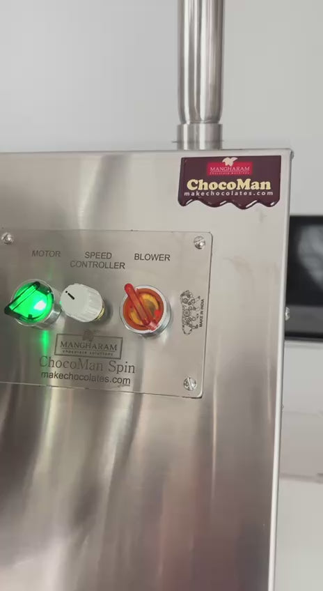 ChocoMan Spin 5kg batch coating and panning machinewith speed control and blower from Mangharam for coating nuts, dried fruit, seeds, etc with chocolate or spices