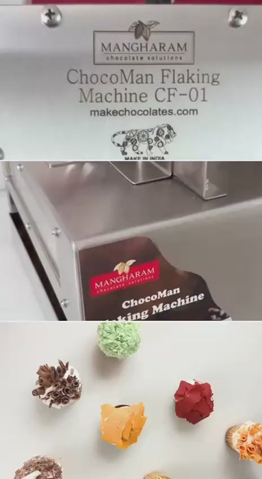 Lovely 3 in 1 video showcasing the Chocoman Flaking machine, curled chocolate and cupcake decor with different coloured chocolate.