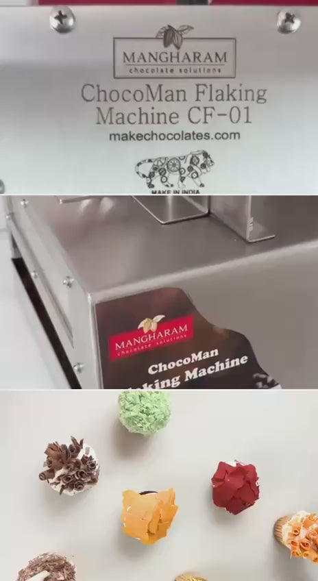 Lovely 3 in 1 video showcasing the Chocoman Flaking machine, curled chocolate and cupcake decor with different coloured chocolate.
