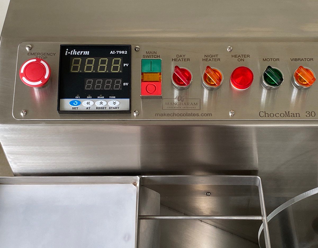 ChocoMan 30 Deluxe Panel Board complete with electronic Temperature Controller, Day and Night Heat Mode switches, Motor Switch, Vibrator Switch and an Emergency Stop