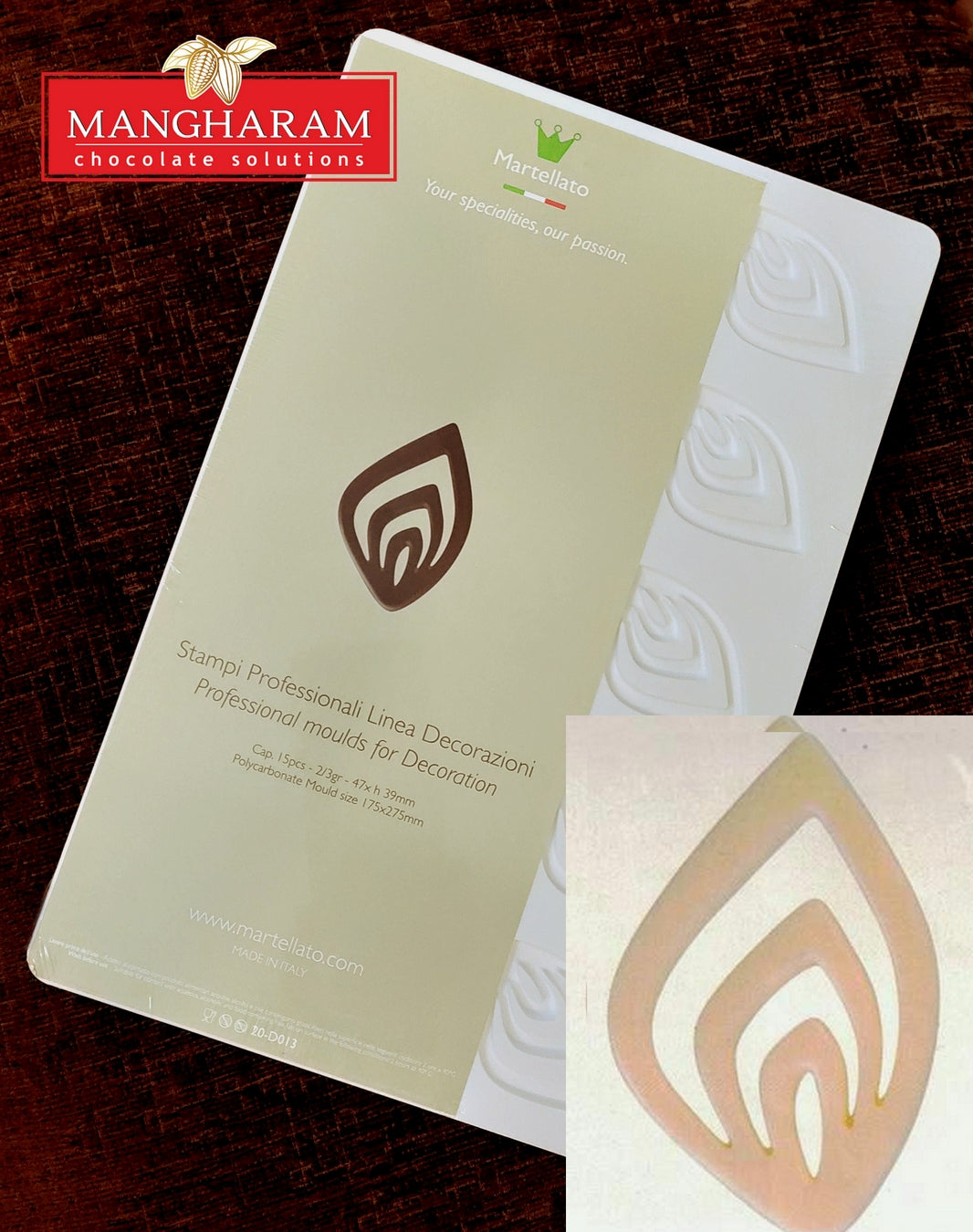 Garnish Mould MA 20-D013 from Mangharam helps make Chocolate Garnishes for cakes, pastries, ice creams & desserts imparting a fine shine & finish to confections