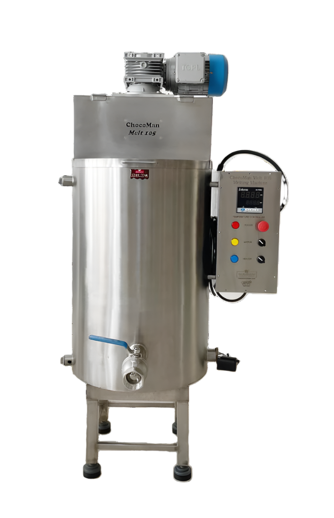 ChocoMan Melt 105 Stainless steel body Chocolate melting tank to hold 100 kg chocolate on a white background.
