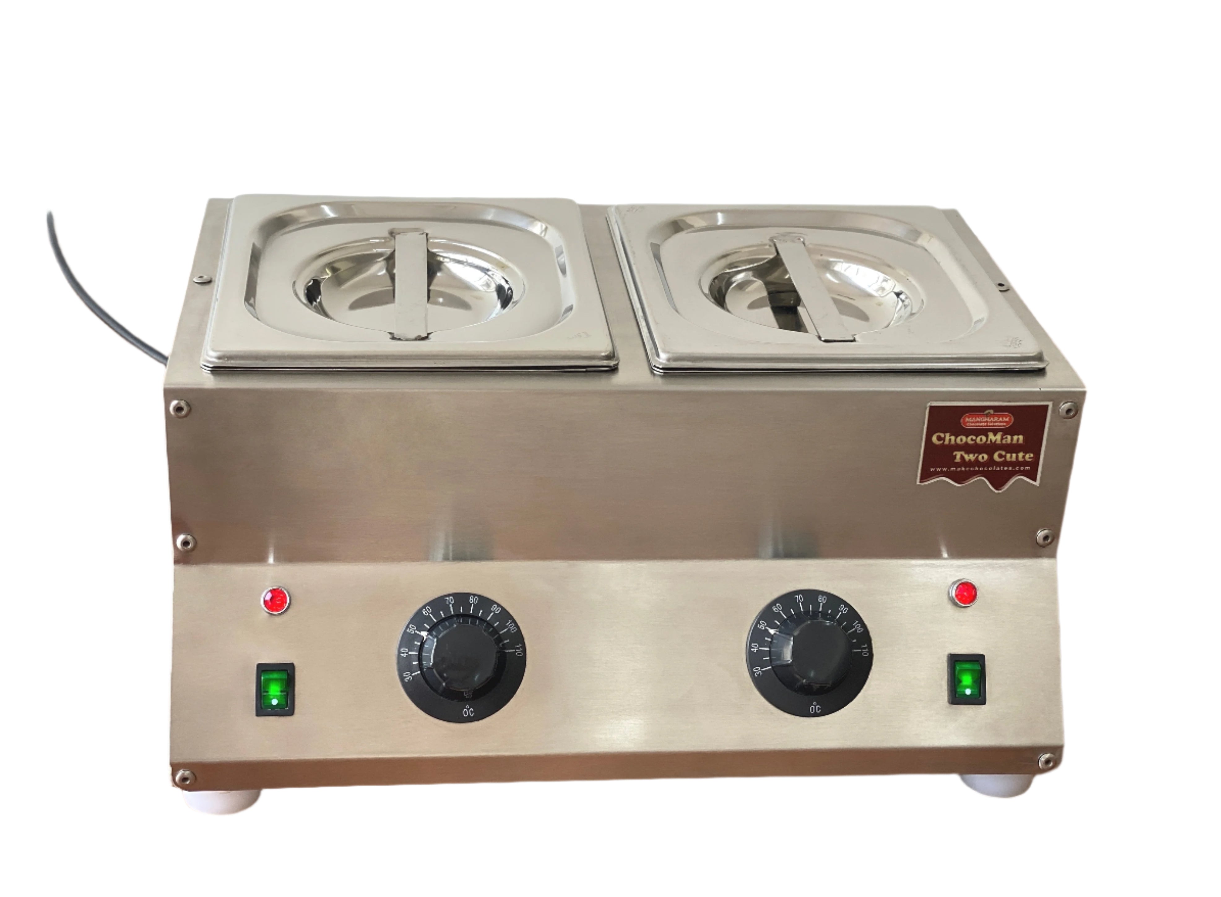 ChocoMan Two Cute, Two Tub melter showing the electric dial type thermostat and indicator fro Mangharam