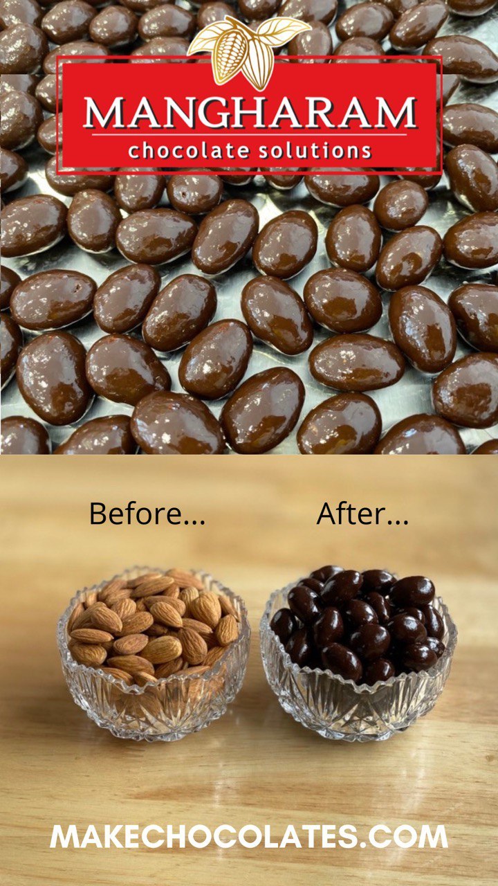 Almonds Before and After chocolate coating in ChocoMan Spin from Mangharam