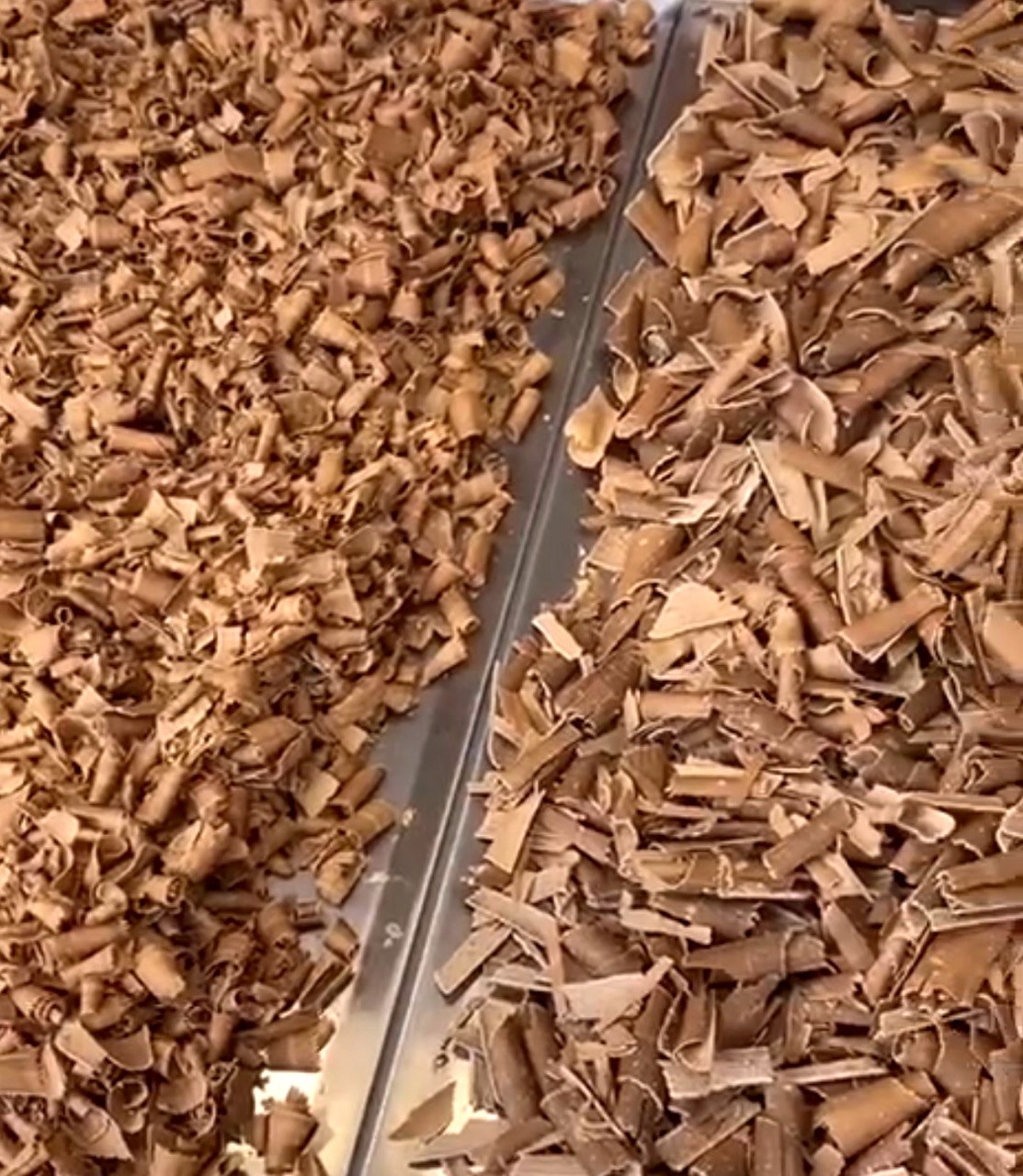 Two different types of chocolate flakes, straight and curved  made from ChocoMan Flaking Machine from Mangharam